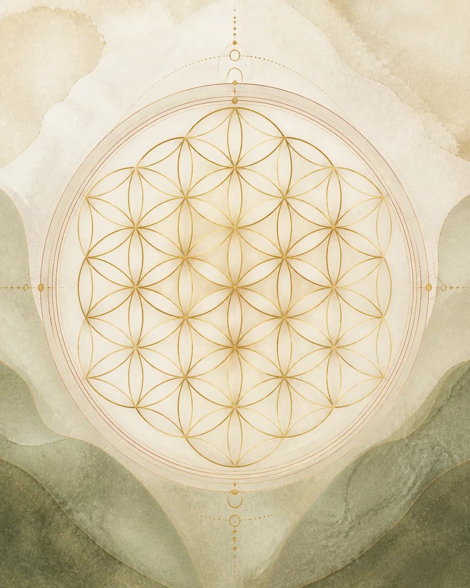 A fine gold Flower of Life study in the RA SPHERA earth palette